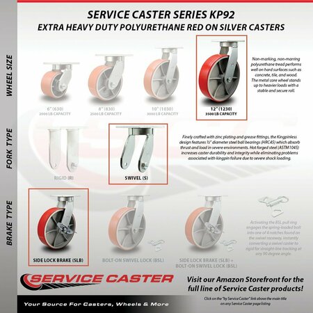 Service Caster 12'' Extra Heavy Duty Red Poly on Cast Iron Wheel Swivel Caster with Brake CRAN-SCC-KP92S1230-PUR-RS-SLB